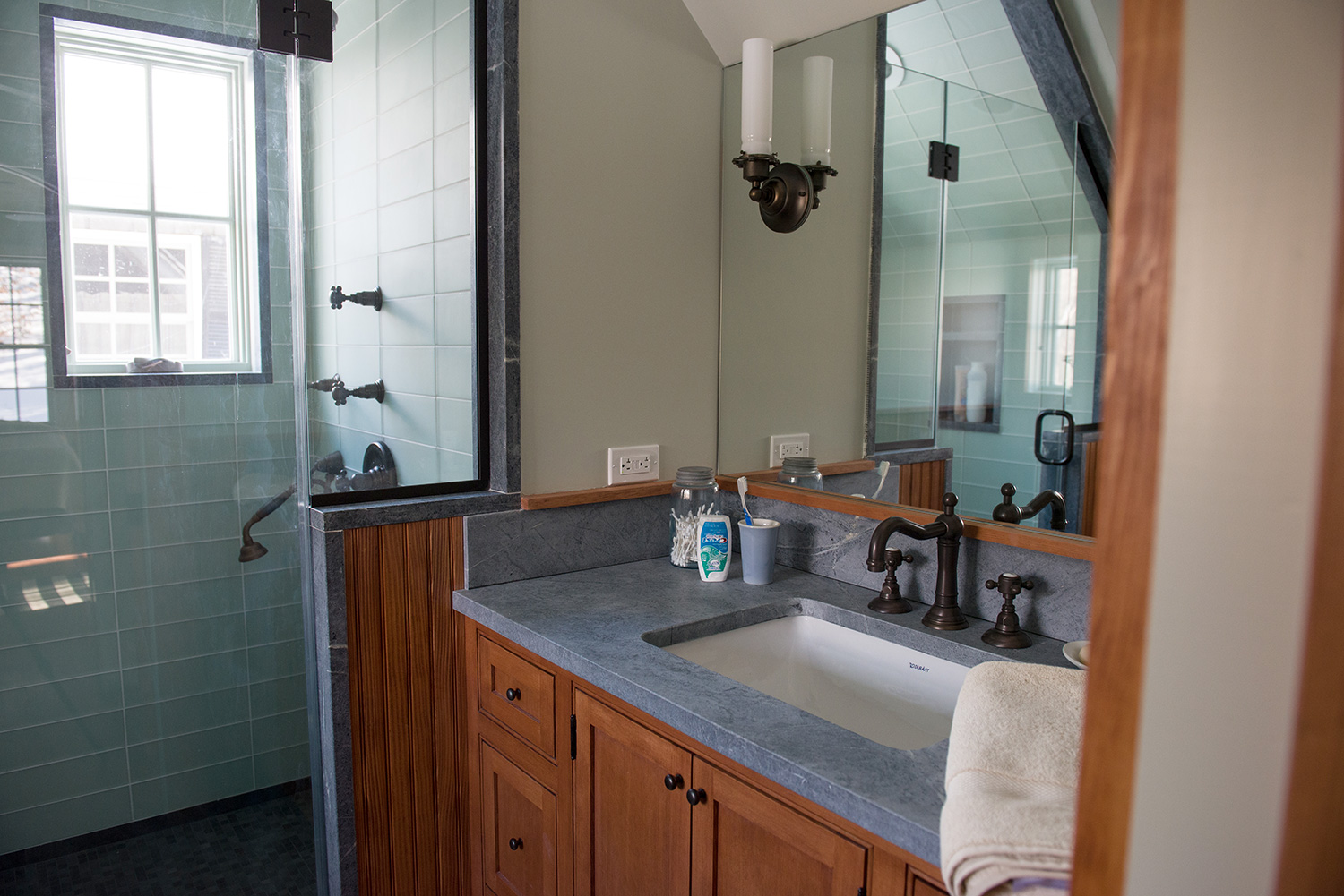 The spa feel in a custom bathroom including custom Fir Vanity built in our shop. Austerlitz, NY.